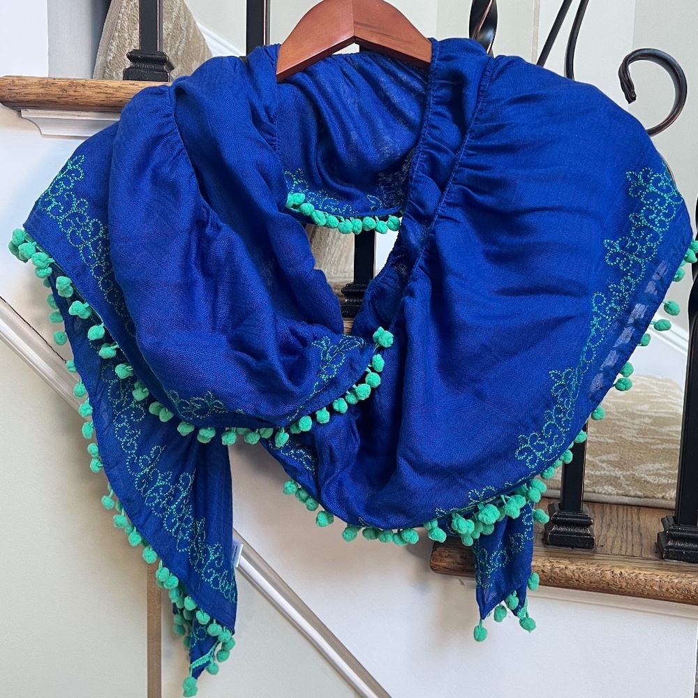 Vibrant Blue Scarf with Green Accents - Picture 1 of 5